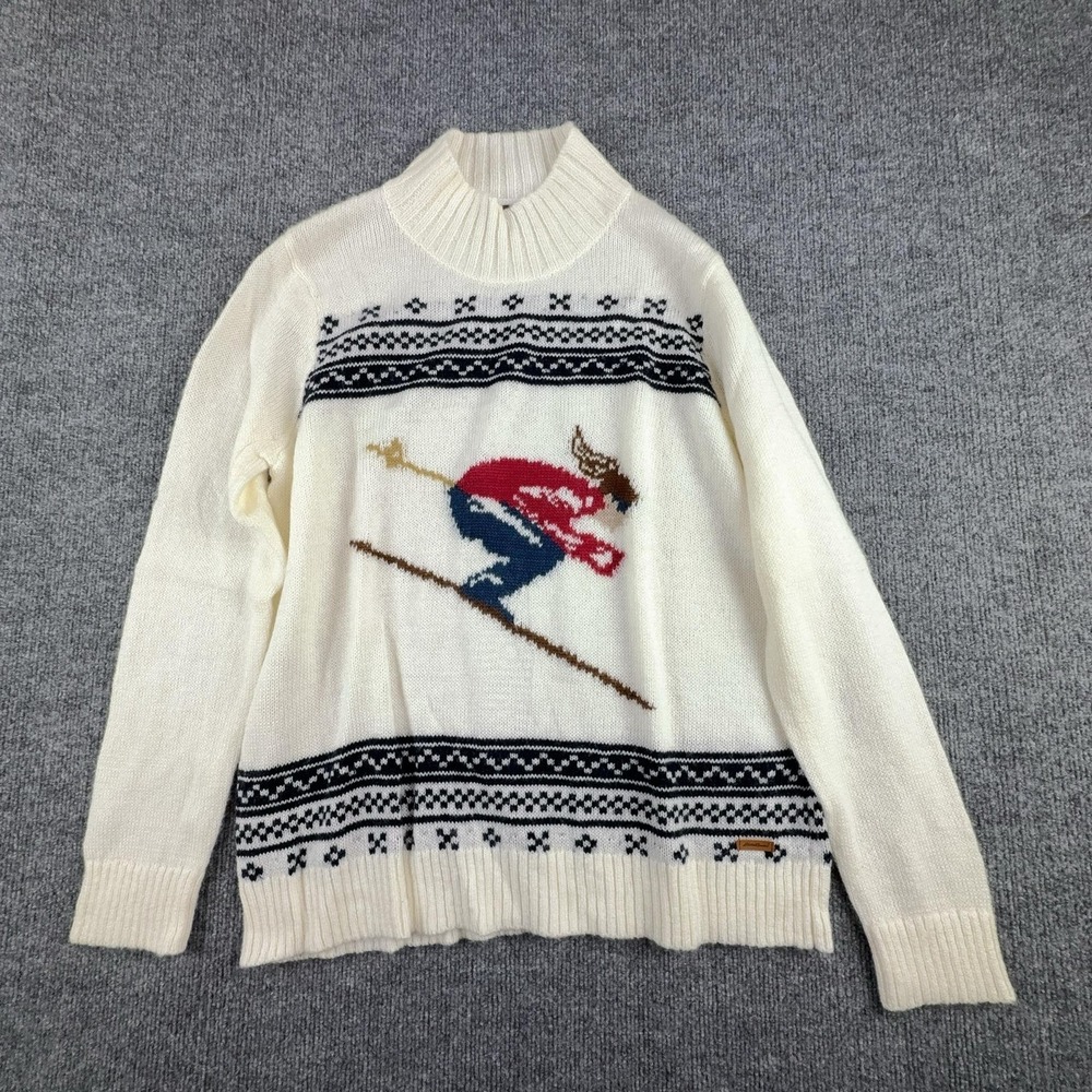 Eddie Bauer Sweater Womens XL White Skier‎ Fair Isle Mock Neck Knit Pullover